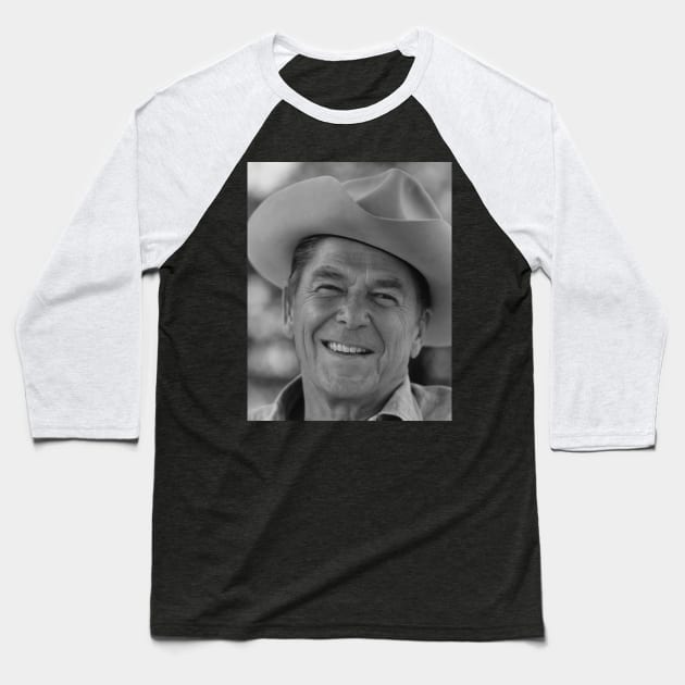 Ronald Reagan with cowboy hat Black White Baseball T-Shirt by Soriagk